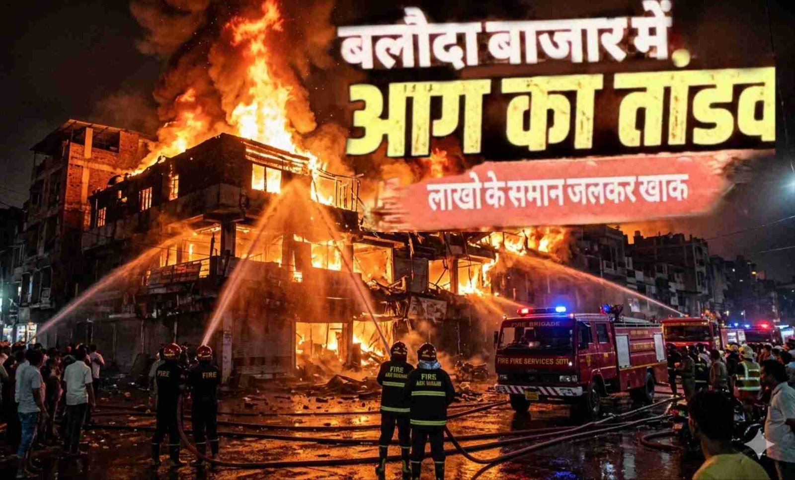 हटरी बाजार में देर रात लगी भीषण आग; भवन भरभराया, घायल जवान रायपुर रेफर