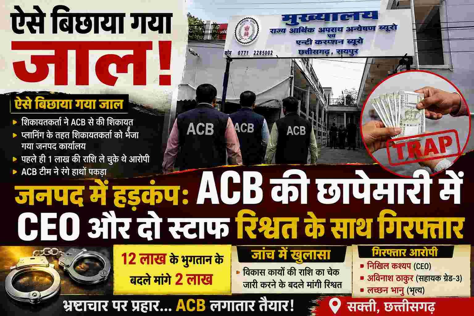 सक्ती के जनपद कार्यालय में ACB का छापा, CEO और अन्य कर्मचारी रिश्वत के आरोप में गिरफ्तार