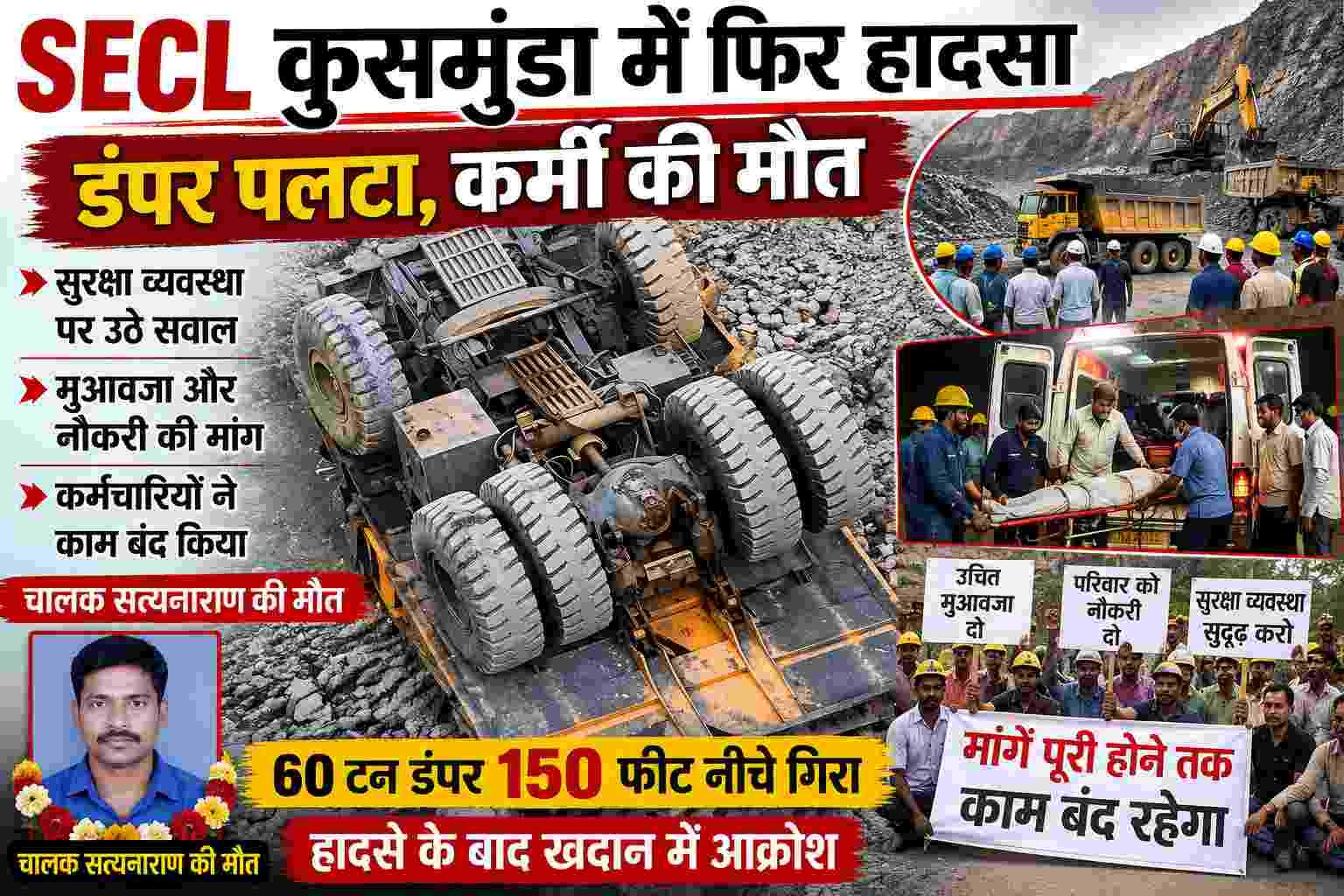 SECL कुसमुंडा खदान में फिर बड़ा हादसा 150 फीट नीचे गिरा डंपर, SECL कर्मी की मौत सुरक्षा व्यवस्था पर उठे गंभीर सवाल,
