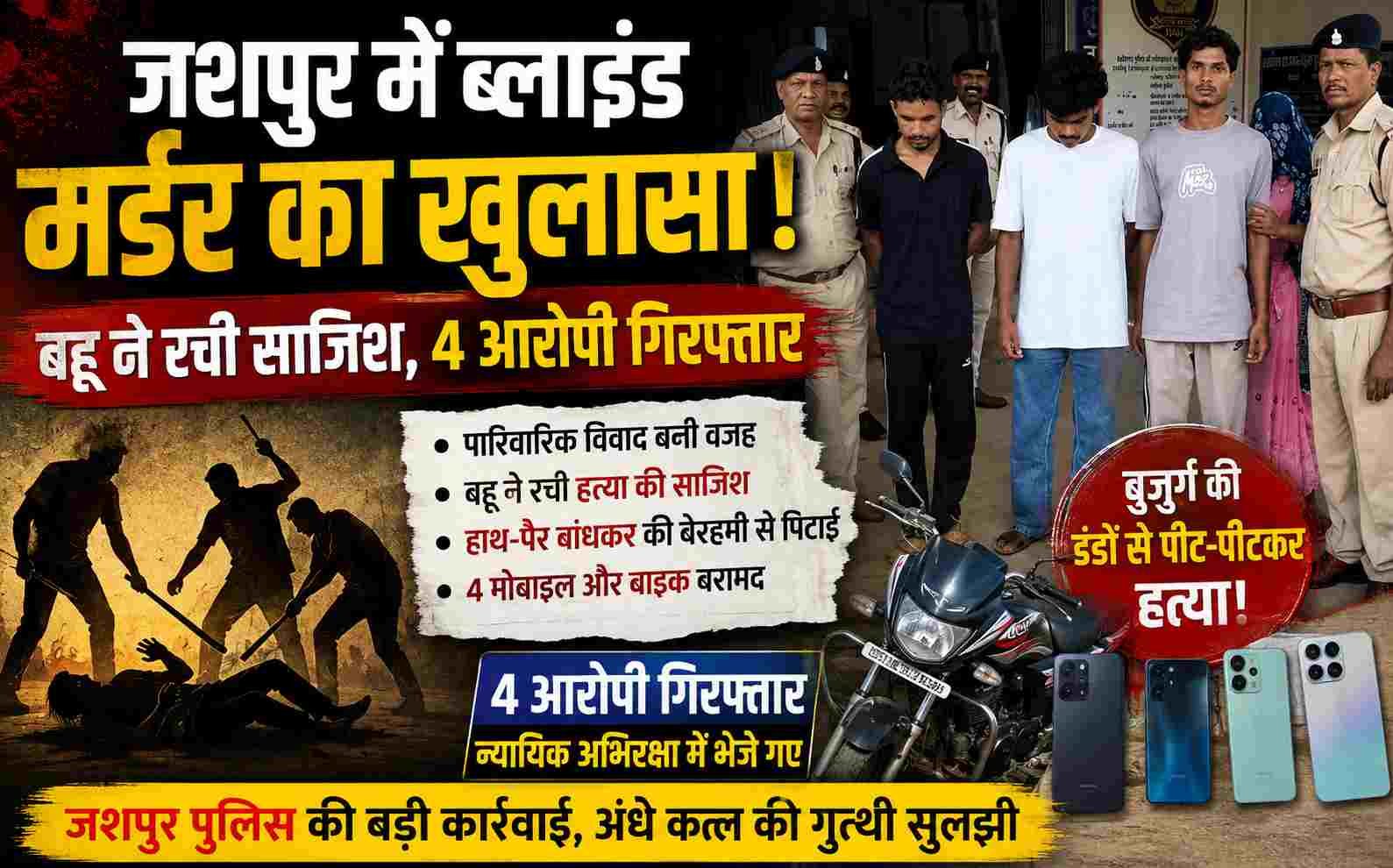 जशपुर में ब्लाइंड मर्डर केस का खुलासा: बहू ने रची साजिश, 4 आरोपी गिरफ्तार