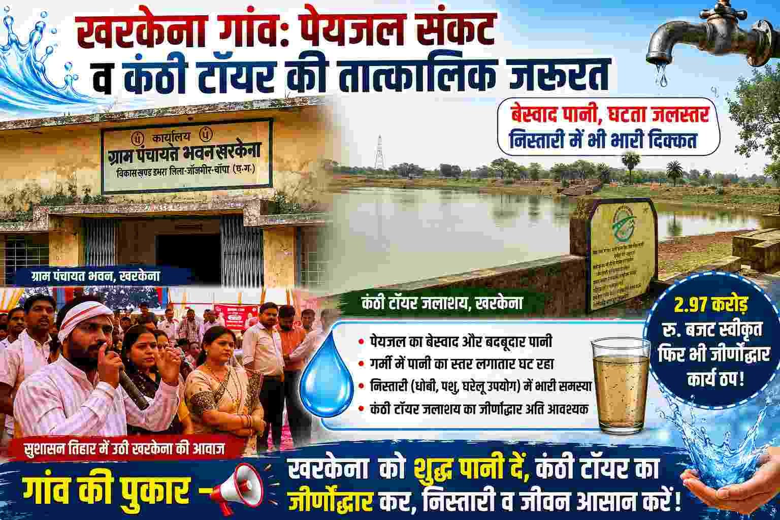 डभरा विकासखंड खरकेना: सूखा बोरवेल और बेस्वाद पानी से त्रस्त, 2.97 करोड़ स्वीकृति के बावजूद तालाब जीर्णोद्धार रुका