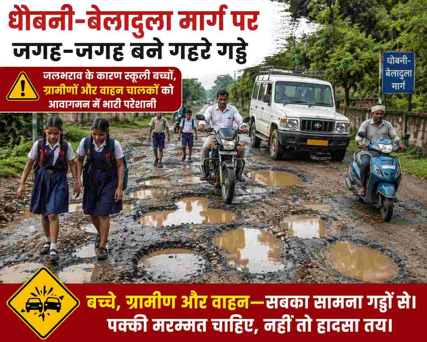 धोबनी-बेलादुला मार्ग पर बड़े गड्ढों से आवागमन बाधित, बारिश में बढ़ा हादसों का खतरा