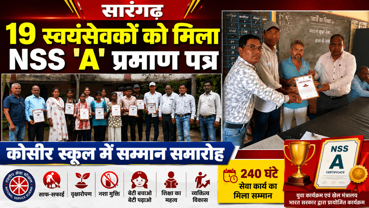 सारंगढ़: कोसीर स्कूल के 19 राष्ट्रीय सेवा योजना स्वयंसेवकों को मिला 'A' प्रमाण पत्र, 240 घंटे सेवा कार्य का सम्मान