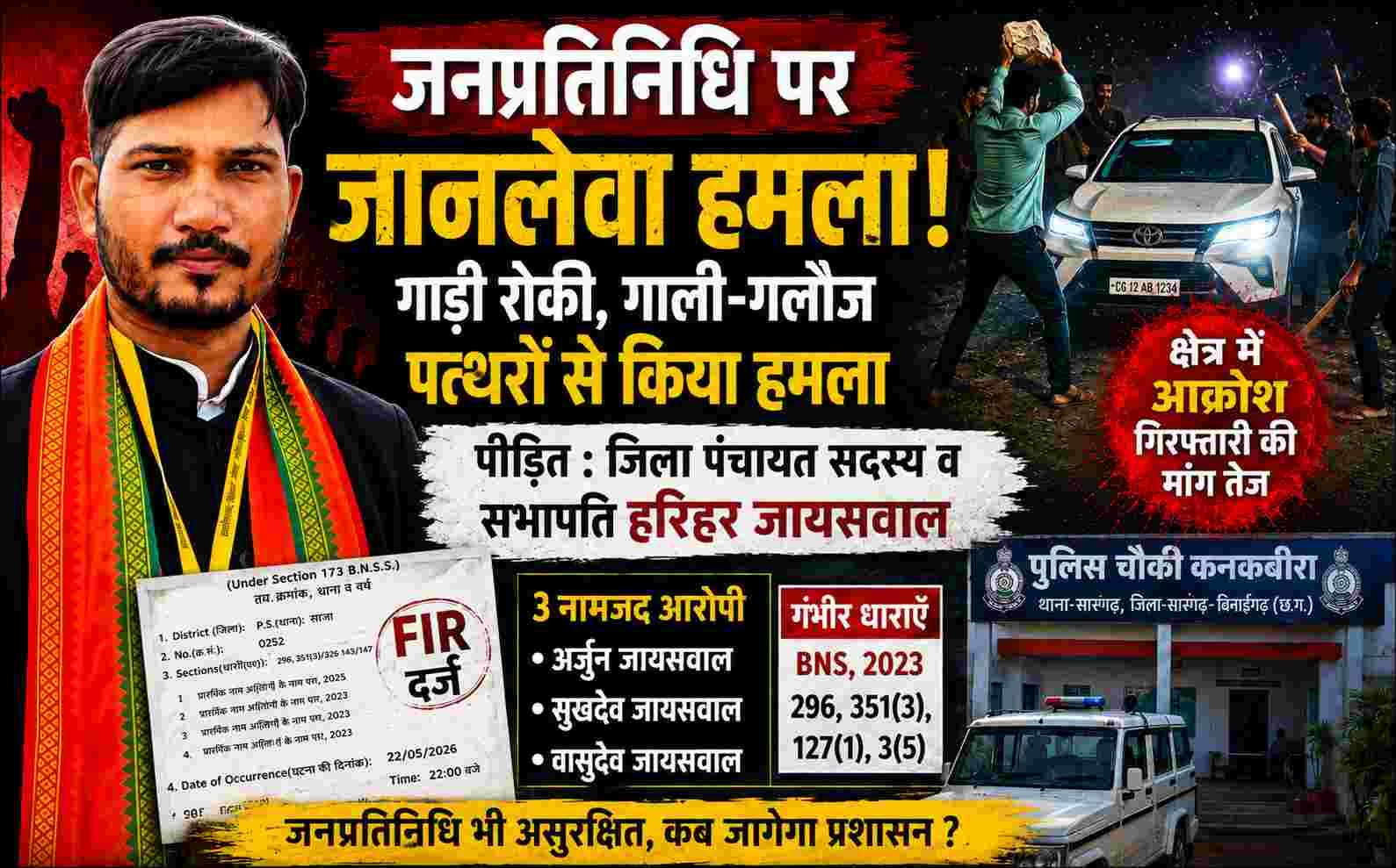 सारंगढ़: जिला पंचायत सदस्य हरिहर जायसवाल पर जानलेवा हमला, कनकबीरा पुलिस ने 3 नामजद आरोपियों पर FIR दर्ज