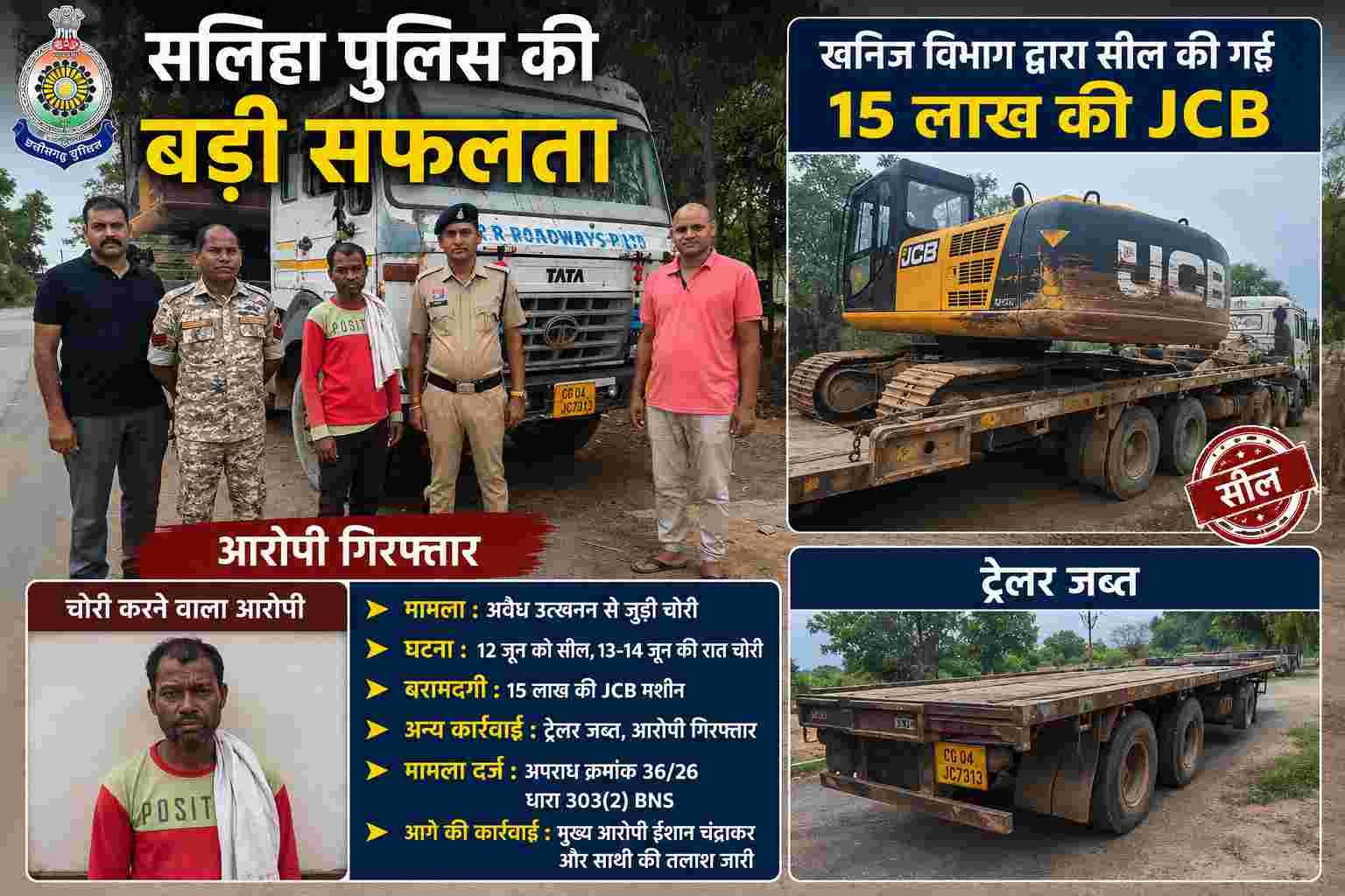 सारंगढ़-बिलाईगढ: सलिहा पुलिस ने 15 लाख की चेन माउंटेन JCB बरामद, ट्रेलर जप्त कर चालक गिरफ्तार