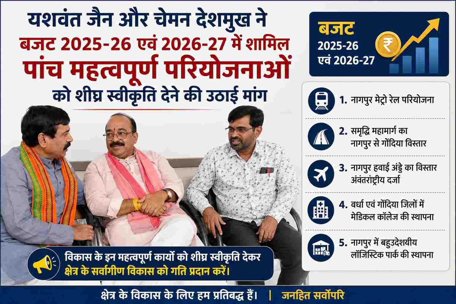 यशवंत जैन और चेमन देशमुख ने बजट 2025-26 एवं 2026-27 में शामिल पांच महत्वपूर्ण परियोजनाओं को शीघ्र स्वीकृति देने की उठाई मांग